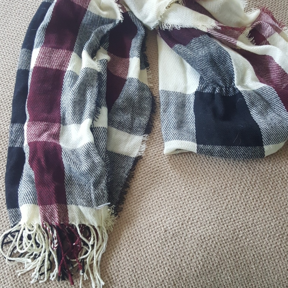Black, red, and white plaid scarf